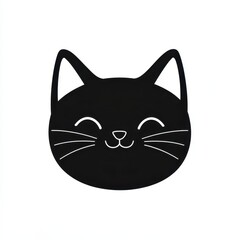 Obraz premium Black minimalistic cat icon featuring a smiling expression and prominent whiskers on a white background, representing modern design in pet illustrations for various uses including decor and branding