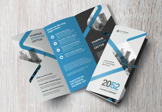 Corporate brochure design template &ndash; Professional modern tri-fold leaflet with geometric layout and business theme in Blue and Black Book .