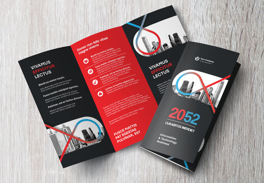 Corporate brochure design template &ndash; Professional modern tri-fold leaflet with geometric layout and business theme in Red and Black.