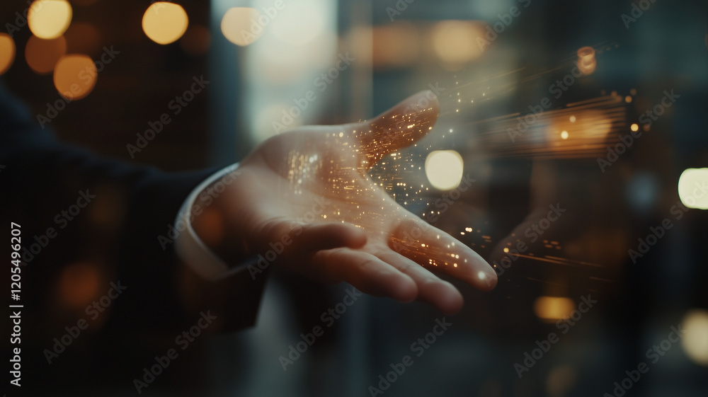 Aufkleber hand reaching out with glowing particles, symbolizing innovation and connection in modern business e