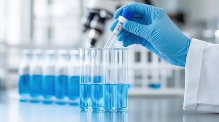 A person is holding a blue liquid in a test tube