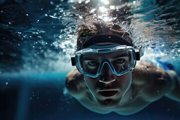 Man Face Underwater, Sportsman Swim Entering,Underwater Swimming Goggles,Close-up Face,Bubbles And Waves