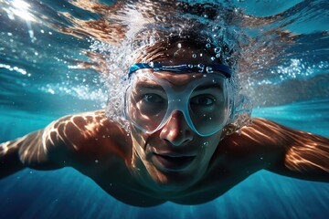 Man Face Underwater, Sportsman Swim Entering,Underwater Swimming Goggles,Close-up Face,Bubbles And Waves