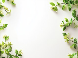 A minimalist arrangement of green leaves and flowers on a white background.