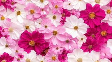 Cosmos Flower Delight, vibrant seamless pattern featuring pink, magenta, and white cosmos flowers, intricate design for textiles or wallpapers