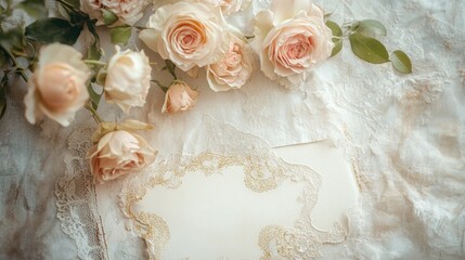 Elegant vintage wedding invitation with faded pink roses and delicate lace details on cream background