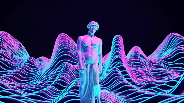 Vaporwave style image featuring a classical greek statue standing in a vibrant, neon-colored digital landscape with flowing, wavy lines, creating a surreal and otherworldly atmosphere
