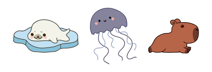 Kawaii Cute Seal, Jellyfish, and Capybara Illustration for Kids’ Designs