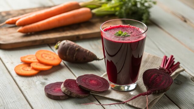 Vibrant Beet and Carrot Juice: A refreshing glass of deep red beet juice sits alongside freshly sliced beets and carrots, promising a healthy and flavorful treat.
