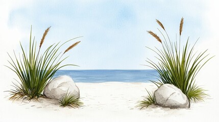 Obraz premium Tranquil Beach Landscape with Grassy Plant Life and Smooth Rocks by Serene Blue Ocean Horizon