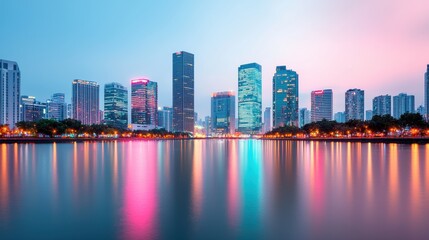 Obraz premium A vibrant skyline at dusk, reflecting colorful lights in the water, showcasing modern architecture and a serene atmosphere.