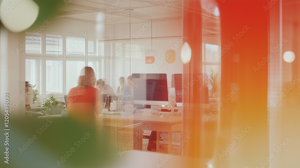 Aufkleber modern office space featuring collaborative work environment with people engaged in discussion. brig