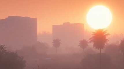 Fototapeta premium Misty Sunrise Cityscape with Palm Trees and Buildings