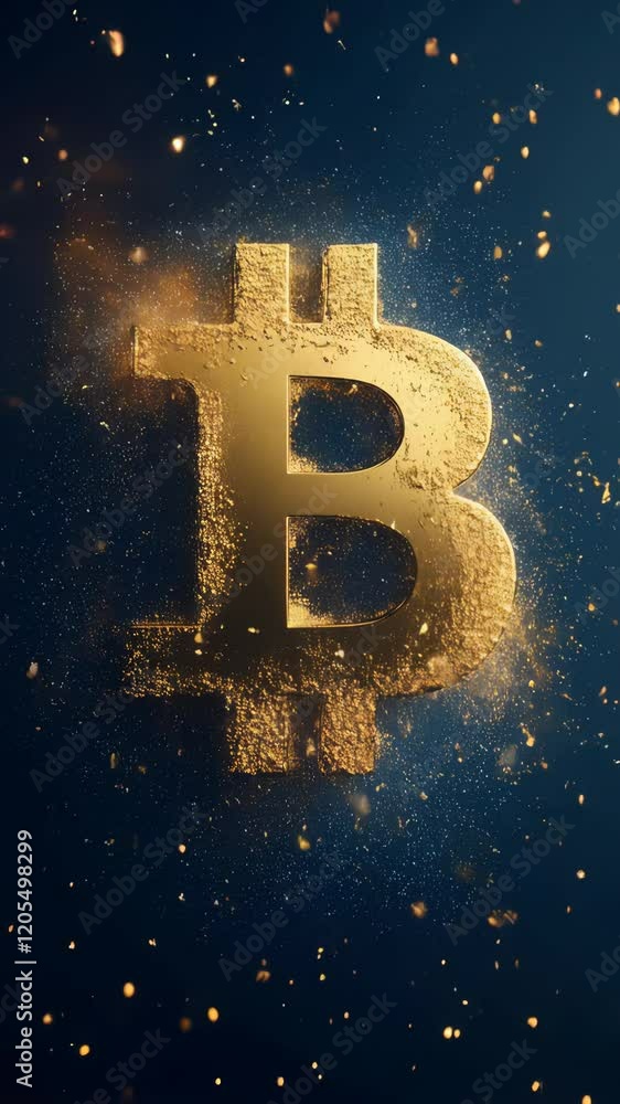 Poster golden bitcoin symbol exploding with sparks and dust particles on a dark blue background, representi