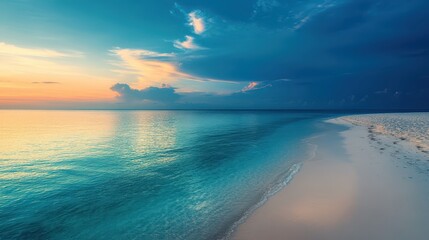 Experience serenity at a stunning blue beach with calm waters and breathtaking clouds during evening twilight, perfect for relaxation and rejuvenation