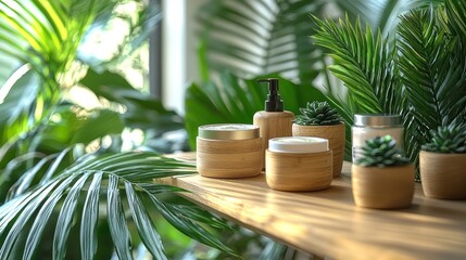 Obraz premium Spa essentials with green leaves on a wooden table