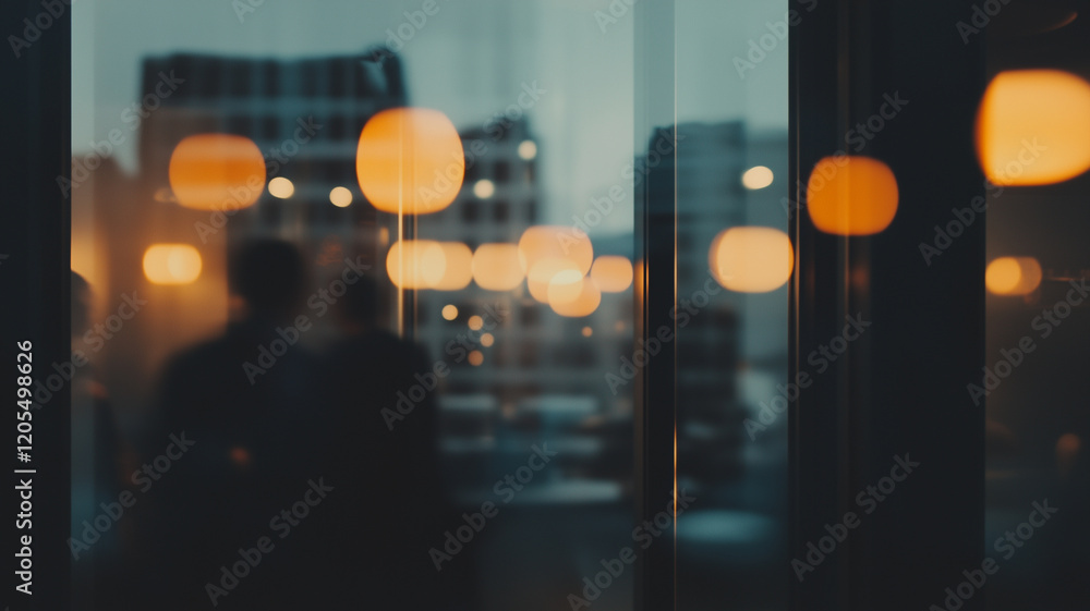 Poster blurred view of people silhouetted against backdrop of glowing lights, creating warm and inviting at