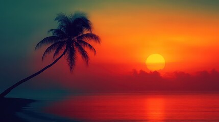 As the day comes to a close, a vibrant sunset casts stunning colors across a peaceful beach, with the silhouette of a palm tree enhancing the warm and inviting atmosphere of the dusk sky