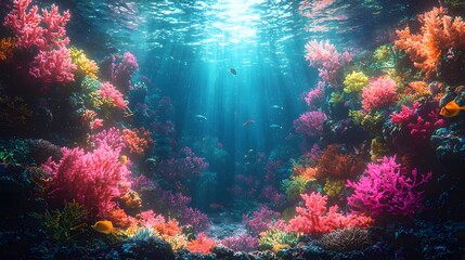 Fototapeta premium Experience the Beauty of a Vibrant Underwater Scene Featuring Colorful Coral Reefs Surrounded by a Variety of Marine Life in an Enchanting Ocean Environment