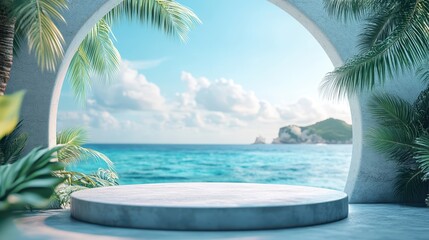 A dreamy, blurred scene reminiscent of a vacation, featuring abstract shades of blue, tropical accents, and a mesmerizing ocean view inviting relaxation