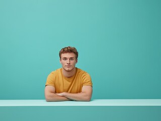 A young man poses thoughtfully against a solid turquoise background, arms crossed on a table.