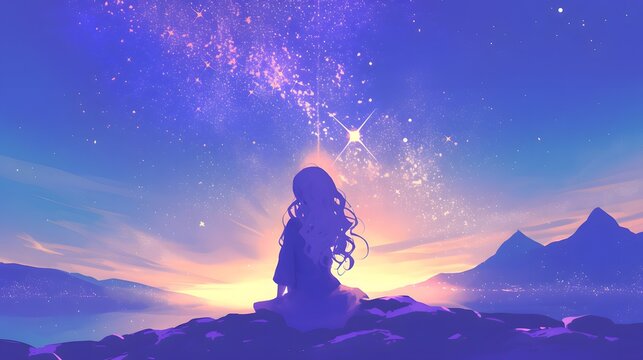 A serene anime girl sitting under a twilight sky, surrounded by stars and a peaceful cosmos.