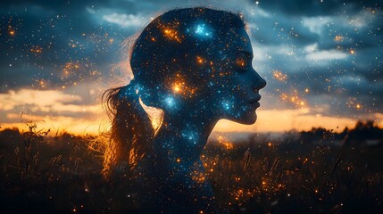 Ethereal Female Silhouette Filled with Galaxies Against a Stunning Sunset Sky, Capturing the Mysterious Interplay Between Nature and the Cosmos