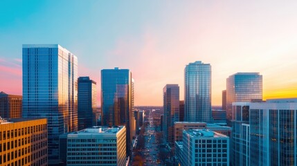 A vibrant skyline at sunset, showcasing modern skyscrapers against a colorful sky, reflecting urban beauty and architectural design.