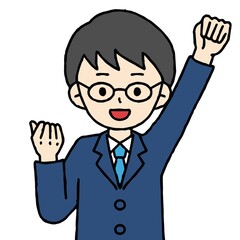 ガッツポーズをするスーツの男性