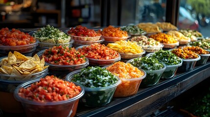 Obraz premium A table full of bowls of food, including chips, salsa, and other snacks