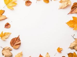 A circular arrangement of autumn leaves on a white background, evoking seasonal change.