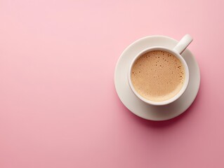 A cup of coffee on a pink background, inviting relaxation and enjoyment.
