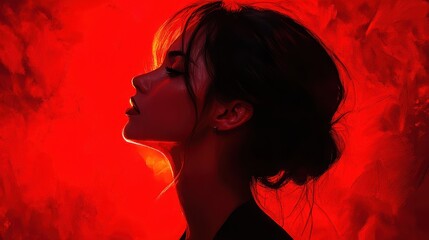Fototapeta premium Profile of a woman against a dark red backdrop showcasing elegance and mystery in a moment of contemplation during a creative photo session