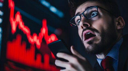 Young businessman holding smartphone, staring in shock at stock market graphs on screen, expressing financial anxiety and concern about investments