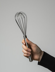 a feminine hand holding a sleek stainless steel whisk (fouet)