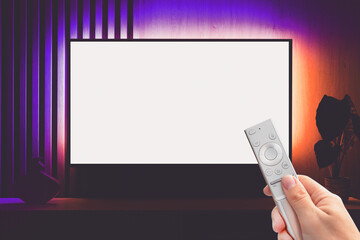 Modern living room interior with blank smart TV.