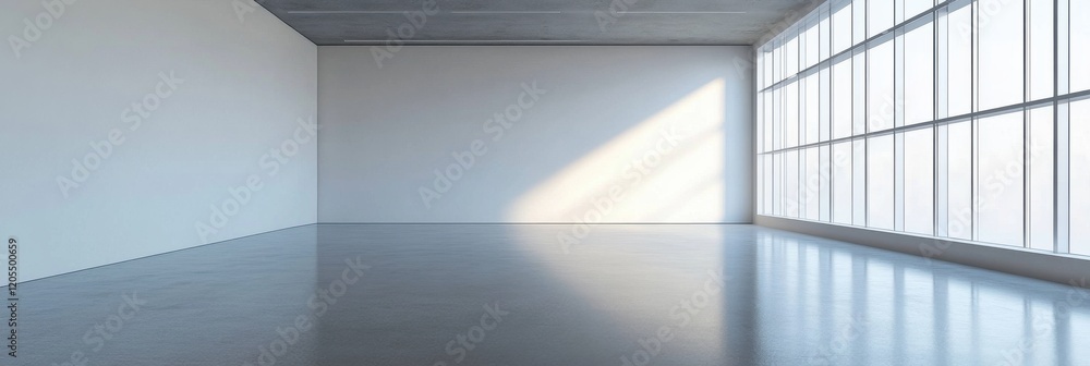 Aufkleber sunlit empty minimalistic room with large windows and concrete floor