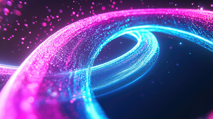 A swirling, fluid trail of neon light in gradient hues of cyan, pink, and purple, twisting and spiraling with sharp glowing edges