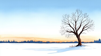 Fototapeta premium Solitary Bare Tree in Winter Landscape with Snow and Soft Blue Sky at Sunset