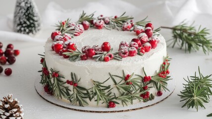 Christmas cake. The cake is covered with snow-white icing and decorated with fresh cranberries, raspberries and rosemary sprigs. A cake on a white background with minimal decorations around.