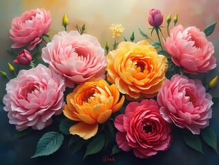 Flowers painted in oil in bright colors