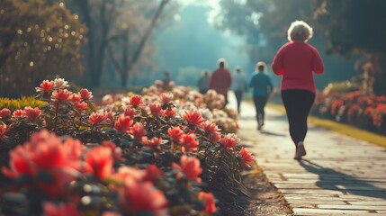 Overweight individuals walking together along a scenic path in a sunny park, surrounded by blooming flowers and diverse participants