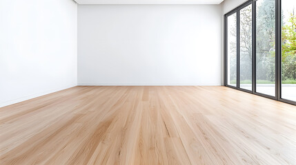 Empty modern interior room with an empty white wall and wooden floor mock up