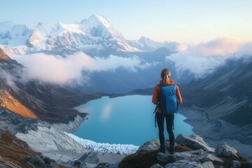 Fototapeta premium Female hiker with backpack enjoying breathtaking view of turquoise mountain lake and snow-capped peaks during a scenic autumn hike in the alps