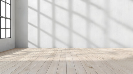 Empty modern interior room with an empty white wall and wooden floor mock up