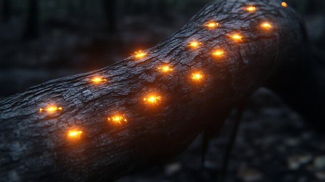 Glowing Insects on Charred Log in Dark Forest - Powered by Adobe