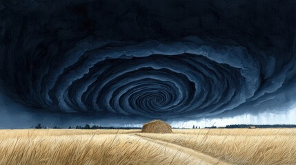 Dramatic Cloud Formation Over Agricultural Landscape with Pathway and Haystack in Rural Setting