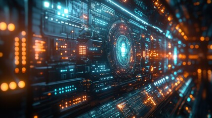 Obraz premium Futuristic digital circuit board with glowing data pathways in neon colors