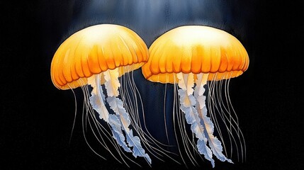 Two Vibrant Yellow Jellyfish Swimming Gracefully in Dark Ocean Waters Beneath Bright Light