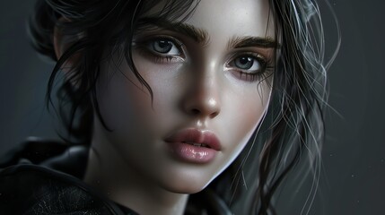 Fototapeta premium A digital painting of a woman with long dark hair and blue eyes looking at the camera.